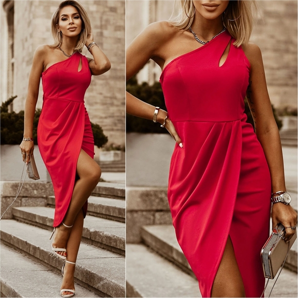 Ruched Radiance Single Shoulder Dress - Red - Picture 1 of 11
